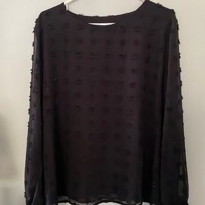 XL black floral top with sheer sleeves, brand new w/o tags
